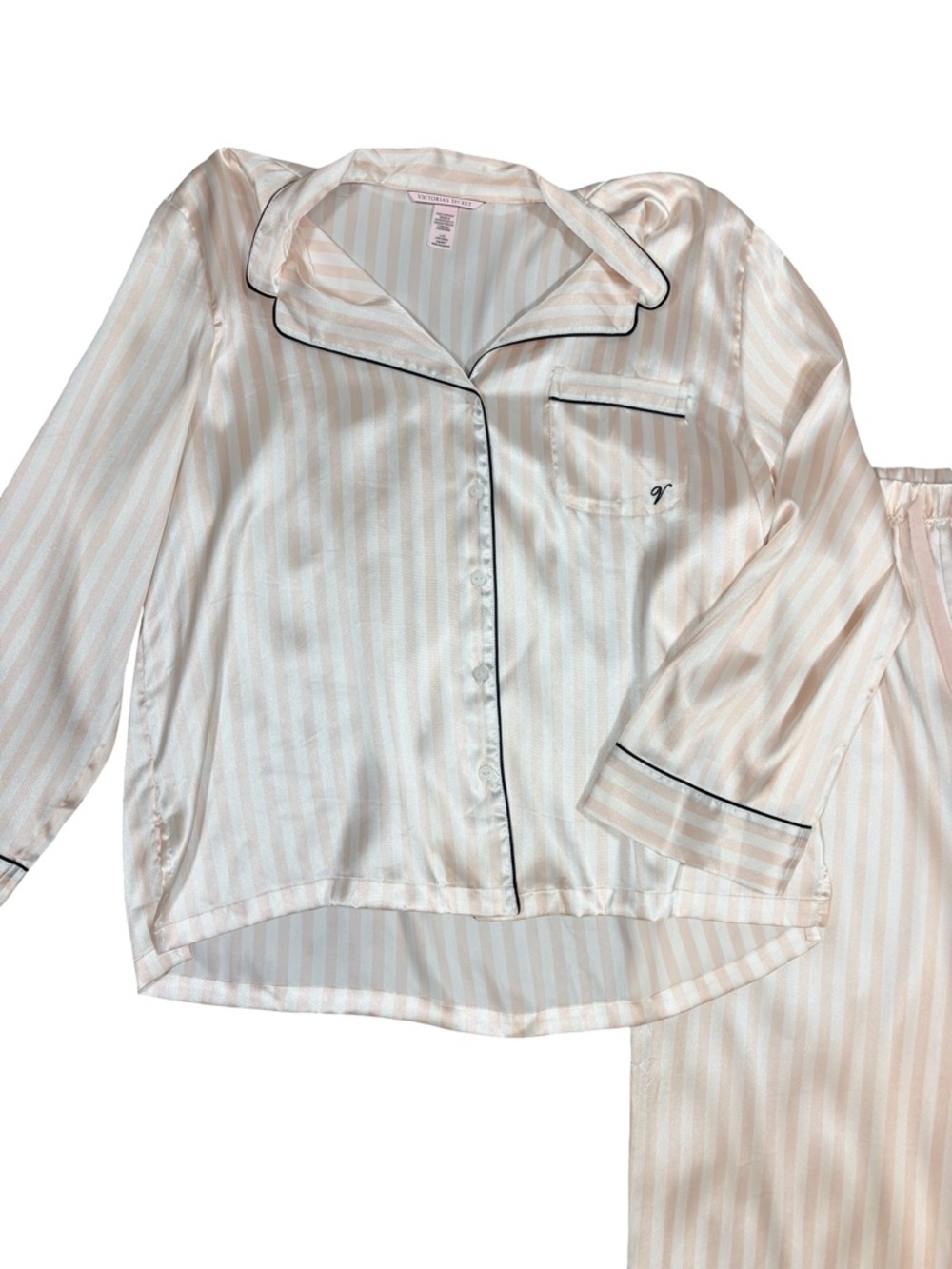 Victoria’s Secret Satin Pajama Set Pink Stripe Button Up & Pants Size Large Cozy - Picture 2 of 10